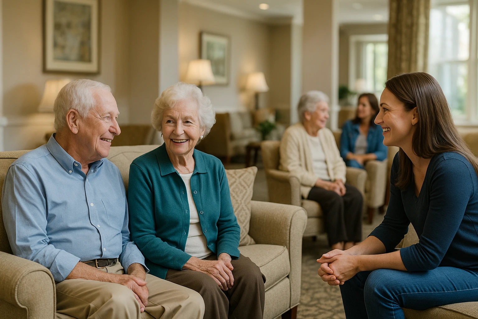 daughter visiting parents at senior living community