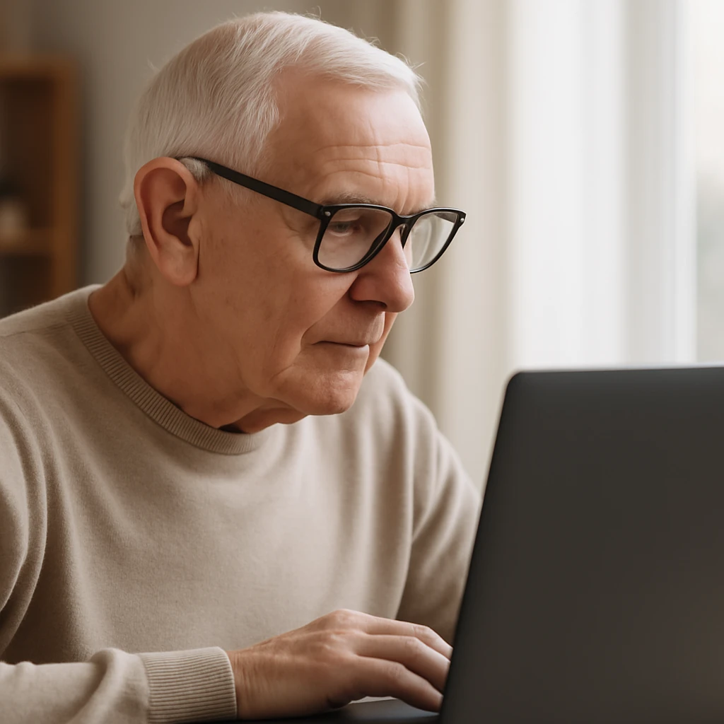 Elderly man viewing a website that is ADA compliant