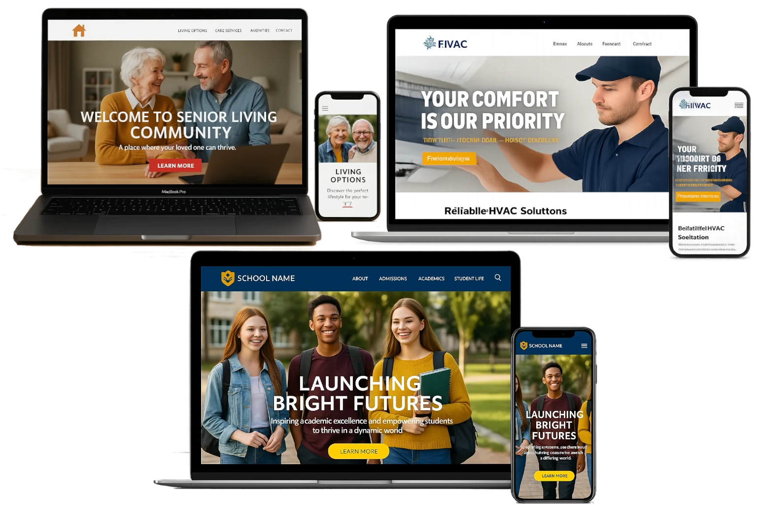 Home Services, Schools and Education, and Senior Living Community website examples